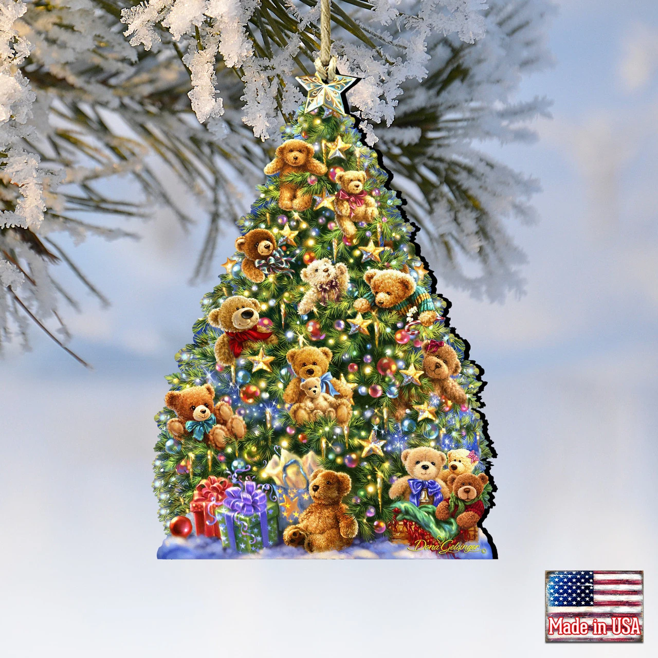 Set Of 2 Teddy Bear Tree With Gifts Wooden Christmas Ornaments 5.5" 6 Set Of 2 Teddy Bear Tree With Gifts Wooden Christmas Ornaments 5.5" - Image 4