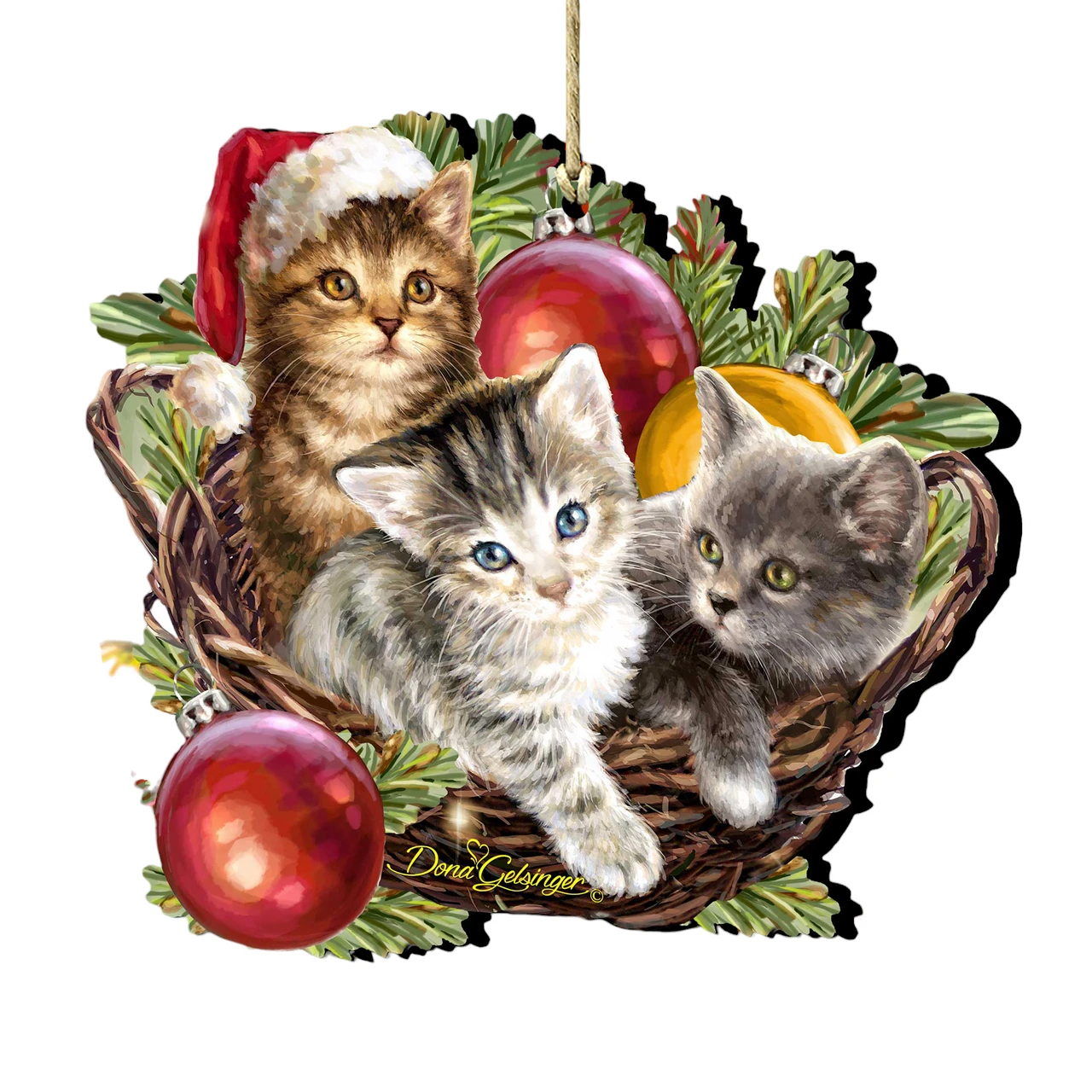 Set Of 2 Kittens In A Basket Wooden Christmas Ornaments 5.5" 3 Set Of 2 Kittens In A Basket Wooden Christmas Ornaments 5.5"