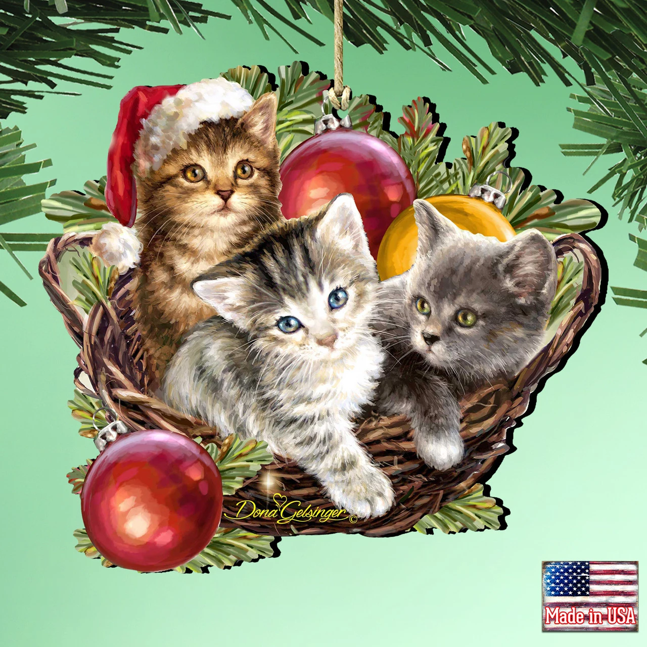 Set Of 2 Kittens In A Basket Wooden Christmas Ornaments 5.5" 4 Set Of 2 Kittens In A Basket Wooden Christmas Ornaments 5.5" - Image 2