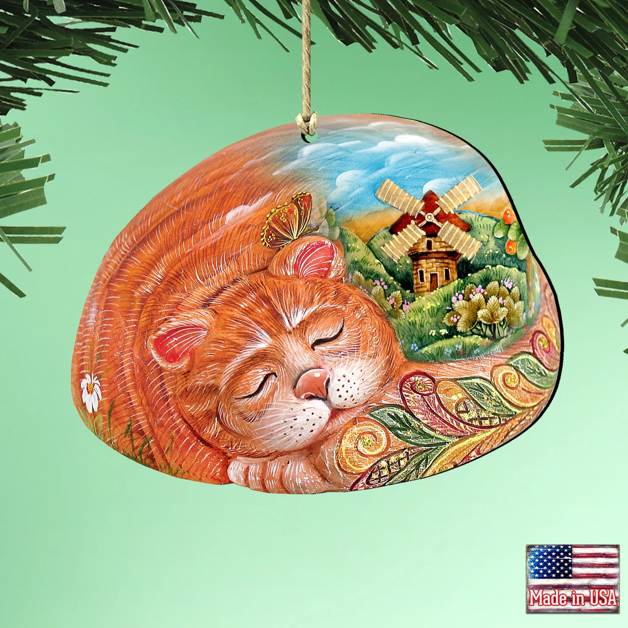 Set Of 2 Sleeping Kitten Wooden Christmas Ornaments 5.5" 4 Set Of 2 Sleeping Kitten Wooden Christmas Ornaments 5.5" - Image 2