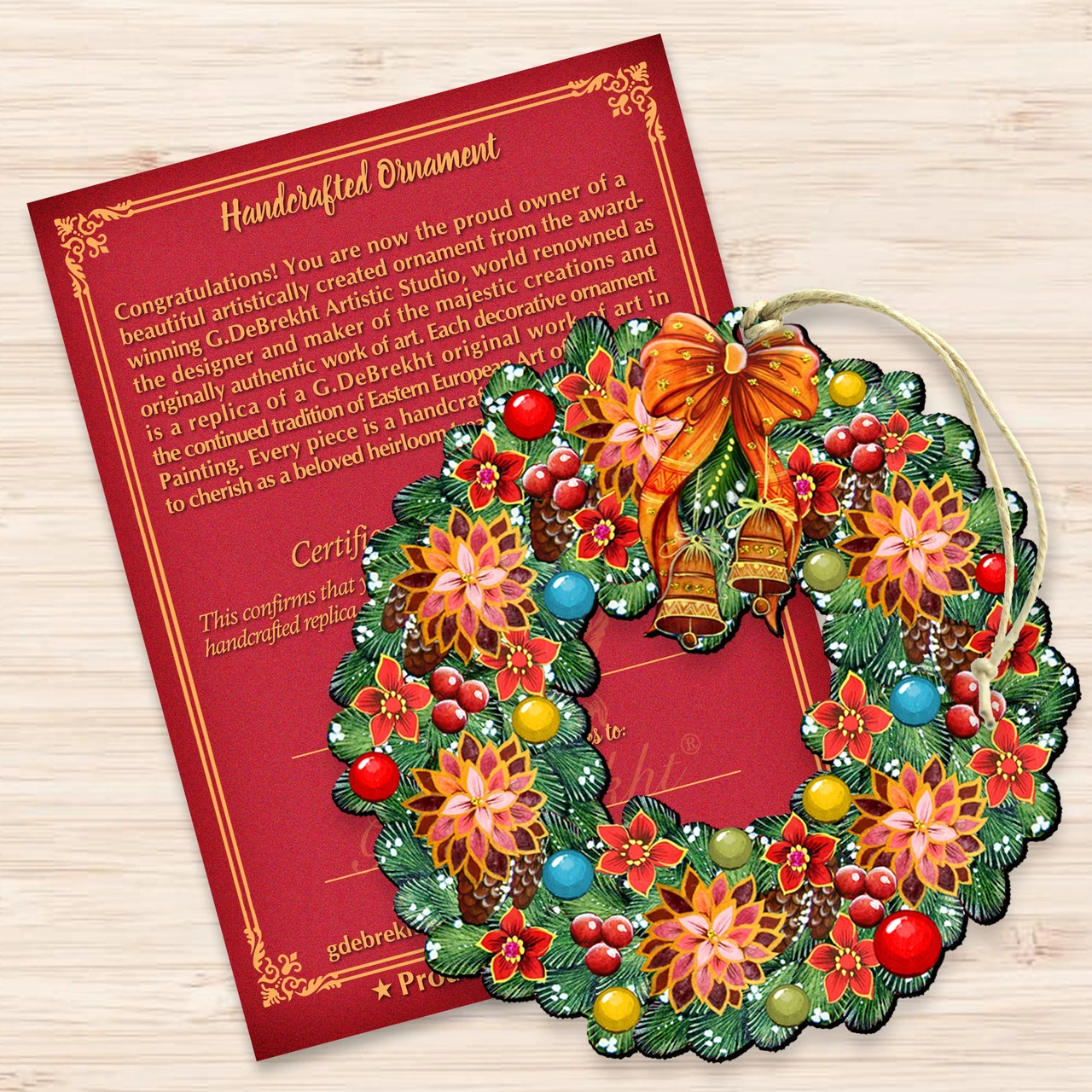 Set Of 2 Christmas Wreath Flowers Wooden Ornaments 5.5" 5 Set Of 2 Christmas Wreath Flowers Wooden Ornaments 5.5" - Image 3