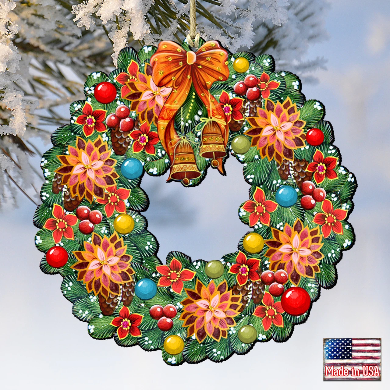 Set Of 2 Christmas Wreath Flowers Wooden Ornaments 5.5" 6 Set Of 2 Christmas Wreath Flowers Wooden Ornaments 5.5" - Image 4