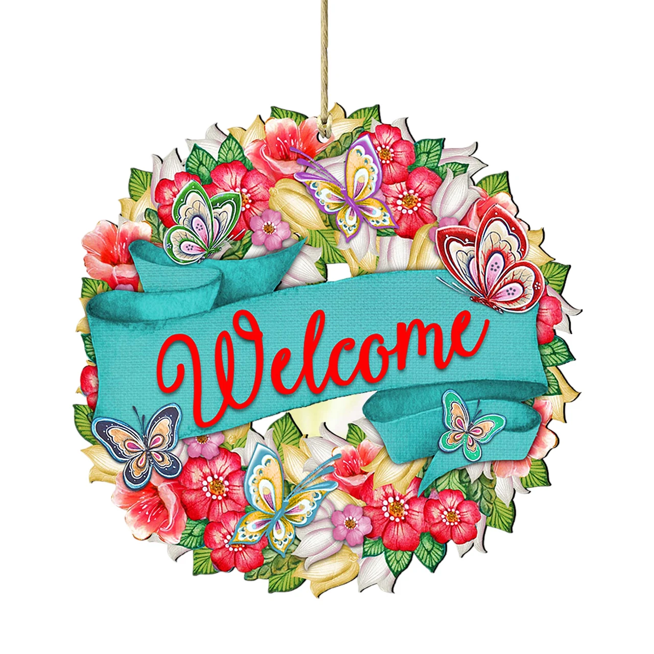 Set Of 2 Butterfly Floral Wreath "Welcome" Wooden ChristmasOrnaments 5.5" 3 Set Of 2 Butterfly Floral Wreath "Welcome" Wooden ChristmasOrnaments 5.5"