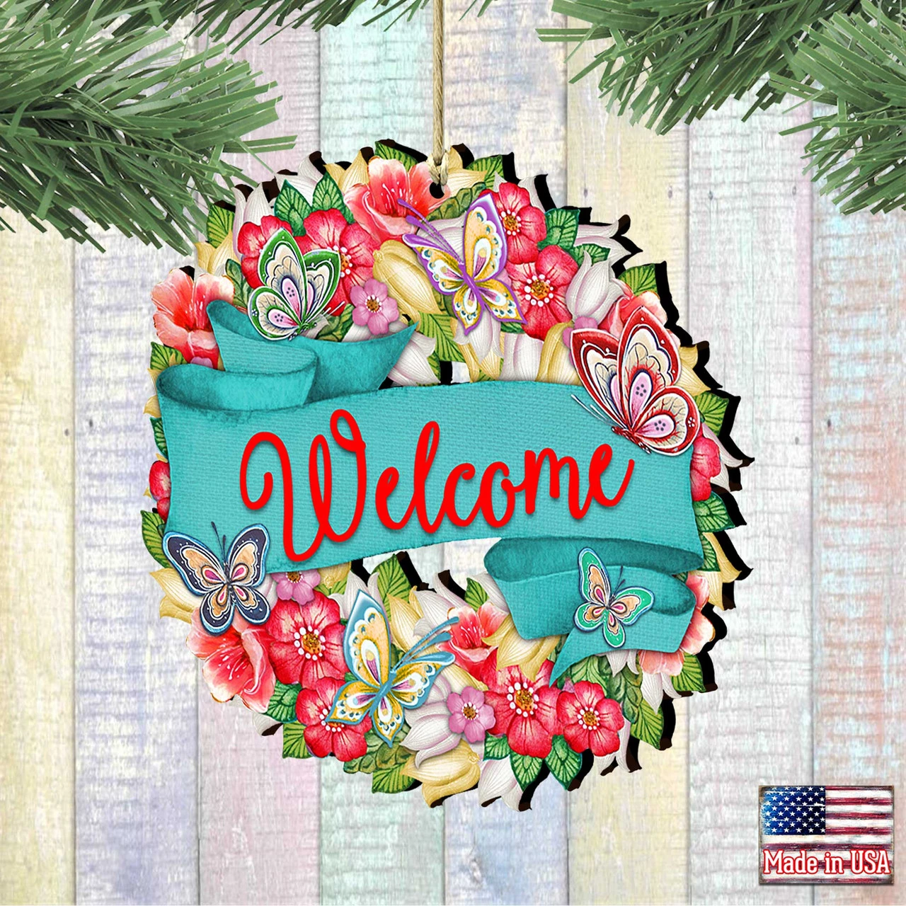 Set Of 2 Butterfly Floral Wreath "Welcome" Wooden ChristmasOrnaments 5.5" 4 Set Of 2 Butterfly Floral Wreath "Welcome" Wooden ChristmasOrnaments 5.5" - Image 2