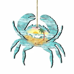 Set Of 2 Coastal Waves Crab Scenic Wooden Christmas Ornaments 5.5"