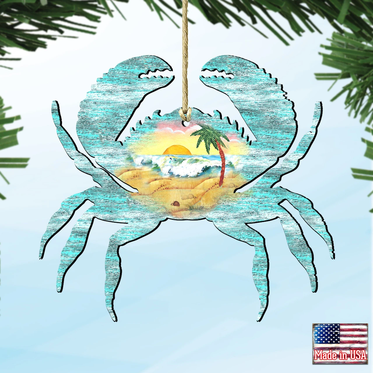 Set Of 2 Coastal Waves Crab Scenic Wooden Christmas Ornaments 5.5" 6 Set Of 2 Coastal Waves Crab Scenic Wooden Christmas Ornaments 5.5" - Image 4