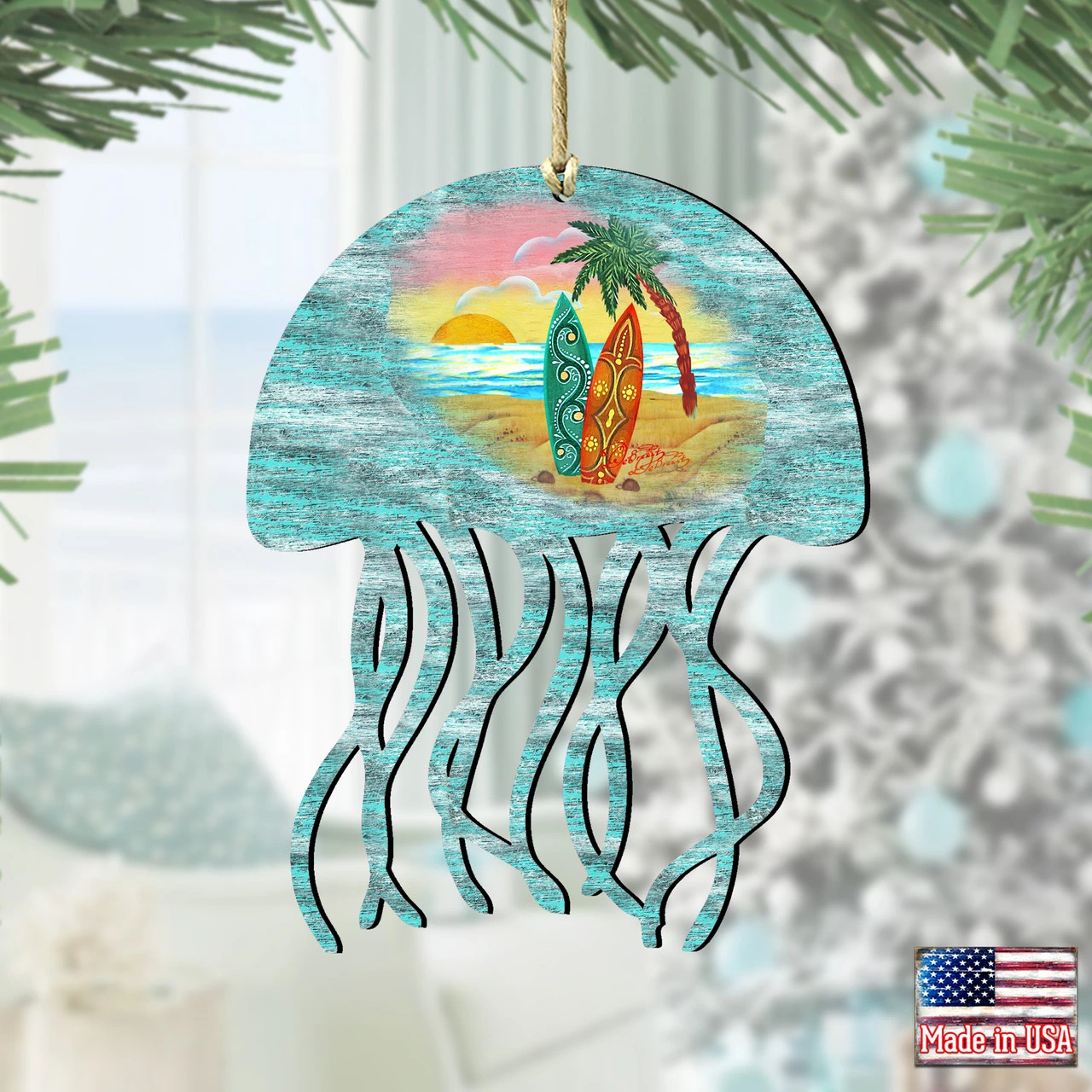 Set Of 2 Coastal Scenic Rustic Jellyfish Wooden Christmas Ornaments 5.5" 4 Set Of 2 Coastal Scenic Rustic Jellyfish Wooden Christmas Ornaments 5.5" - Image 2