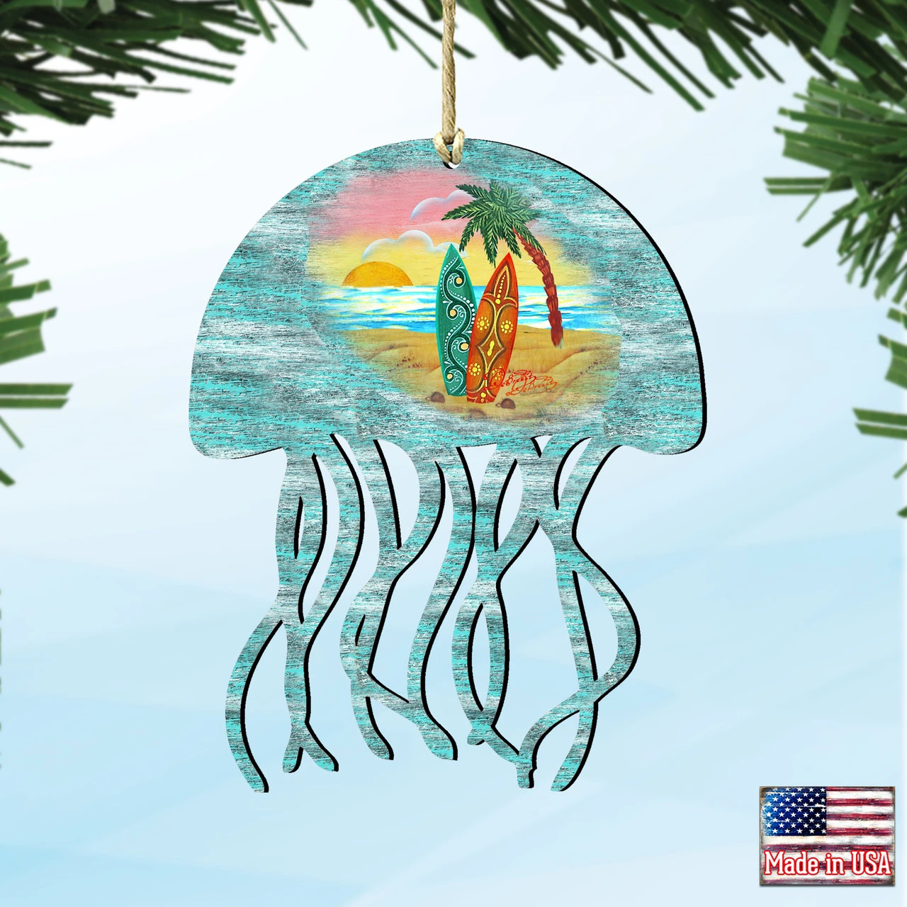 Set Of 2 Coastal Scenic Rustic Jellyfish Wooden Christmas Ornaments 5.5" 6 Set Of 2 Coastal Scenic Rustic Jellyfish Wooden Christmas Ornaments 5.5" - Image 4