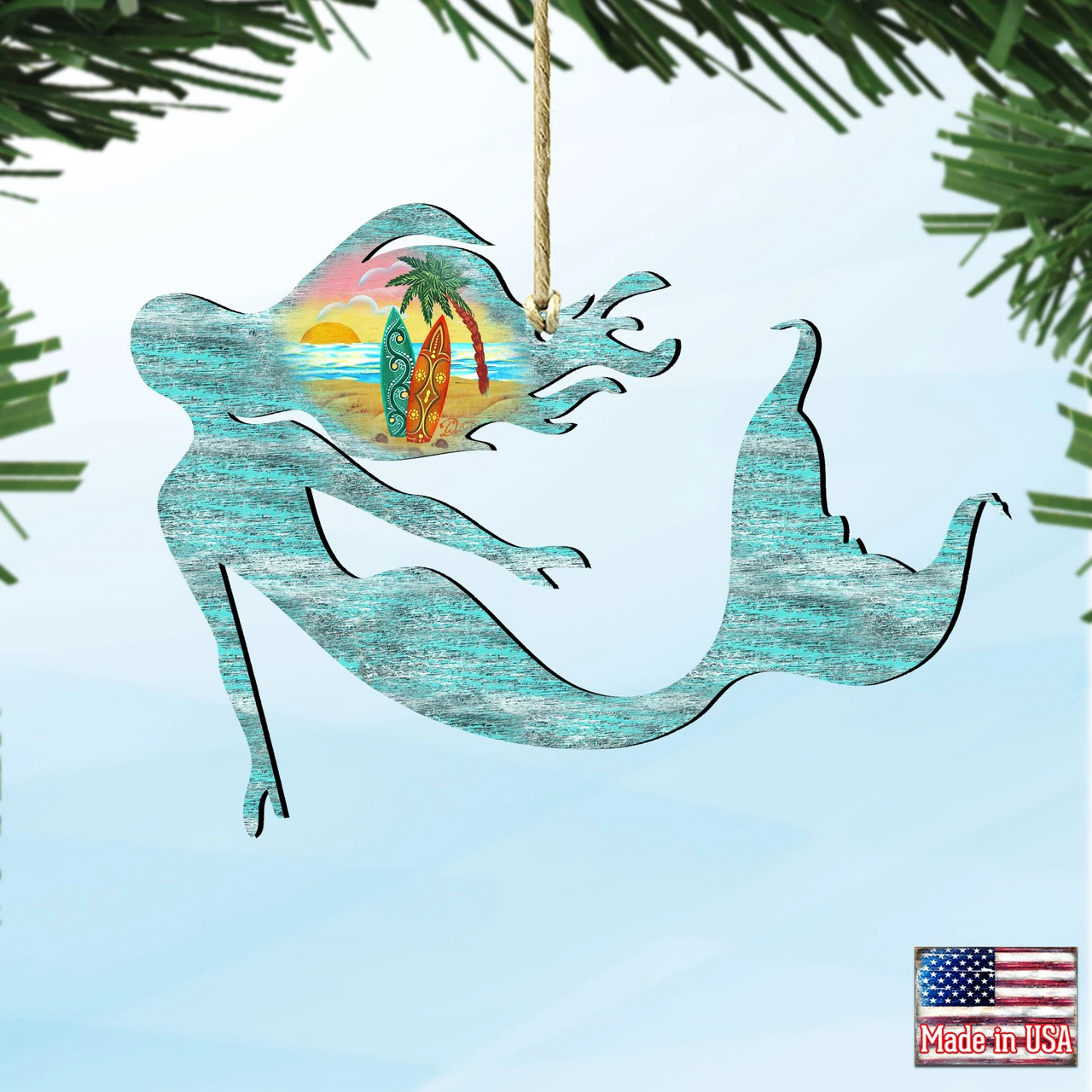Set Of 2 Mermaid Beach Scene Wooden Christmas Ornaments 5.5" 6 Set Of 2 Mermaid Beach Scene Wooden Christmas Ornaments 5.5" - Image 4