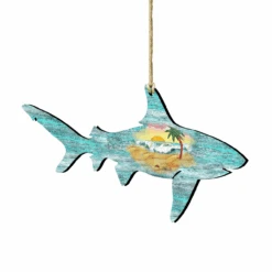 Set Of 2 Shark Beach Scene Wooden Christmas Ornaments 5.5"