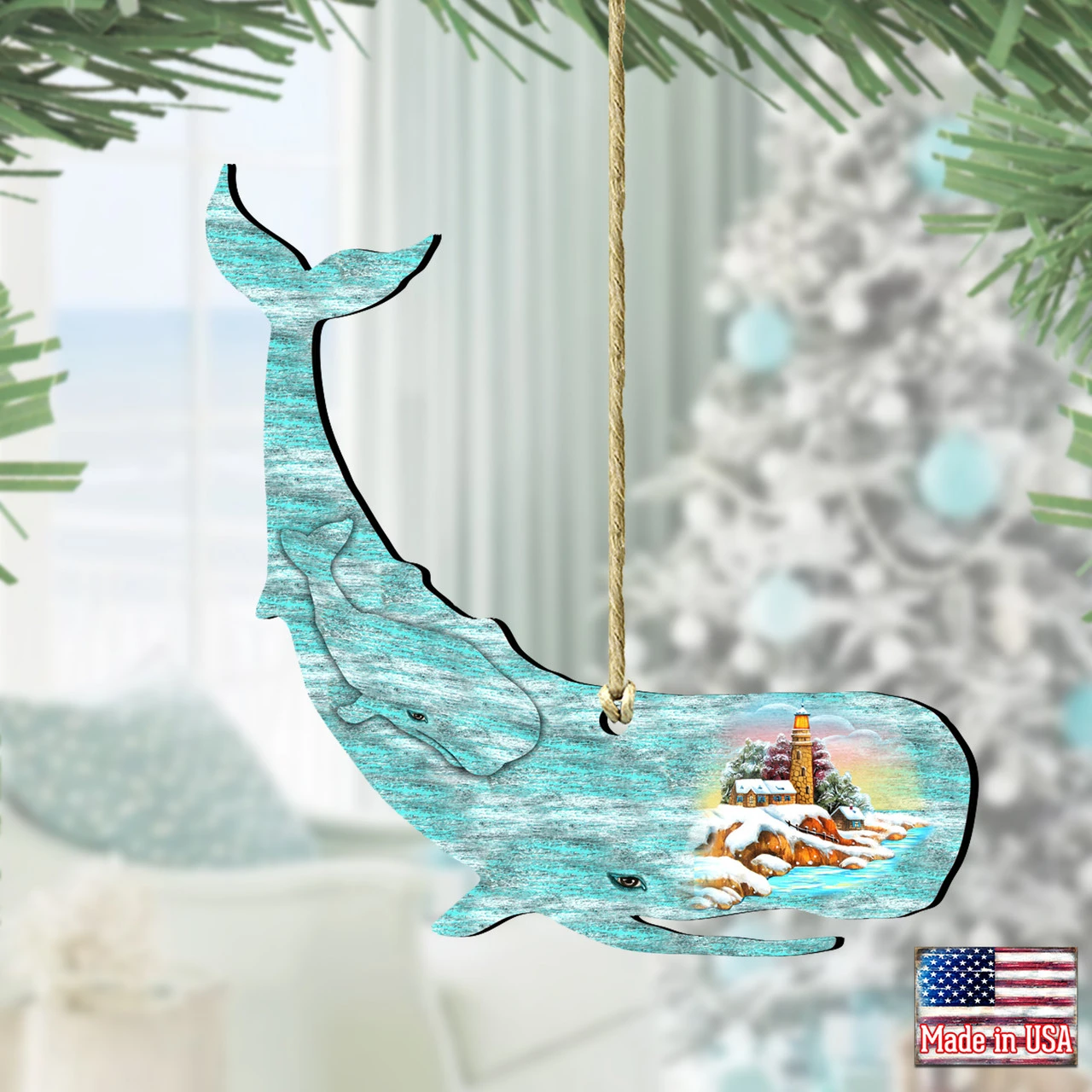 Set Of 2 Whale Beach Scene Wooden Christmas Ornaments 5.5" 4 Set Of 2 Whale Beach Scene Wooden Christmas Ornaments 5.5" - Image 2