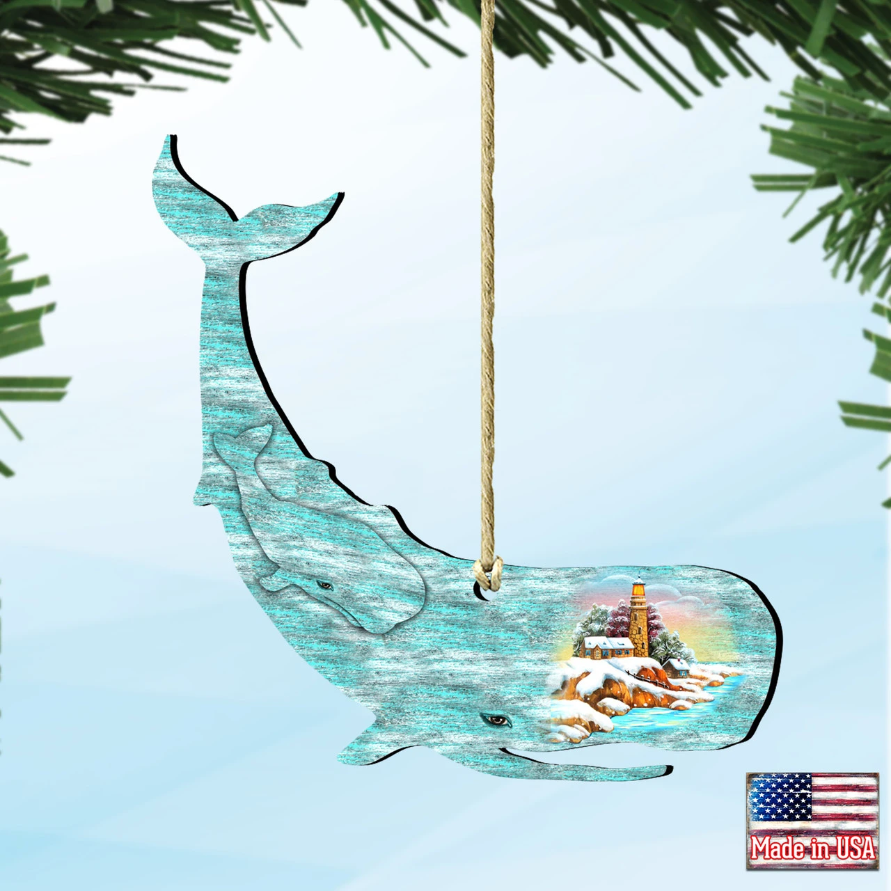 Set Of 2 Whale Beach Scene Wooden Christmas Ornaments 5.5" 6 Set Of 2 Whale Beach Scene Wooden Christmas Ornaments 5.5" - Image 4