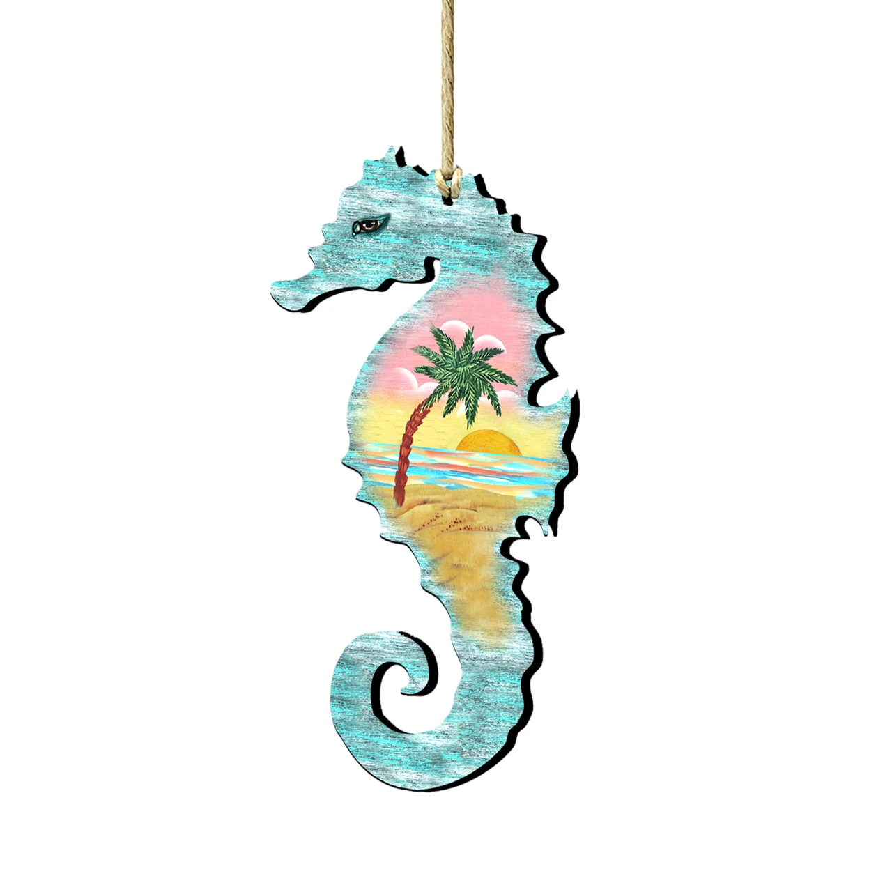 Set Of 2 Seahorse Beach Scene Wooden Christmas Ornaments 5.5" 3 Set Of 2 Seahorse Beach Scene Wooden Christmas Ornaments 5.5"