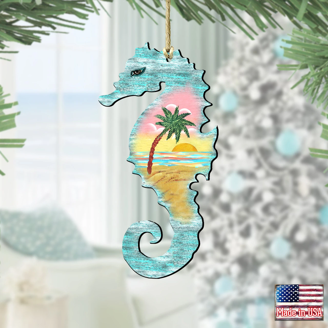 Set Of 2 Seahorse Beach Scene Wooden Christmas Ornaments 5.5" 4 Set Of 2 Seahorse Beach Scene Wooden Christmas Ornaments 5.5" - Image 2