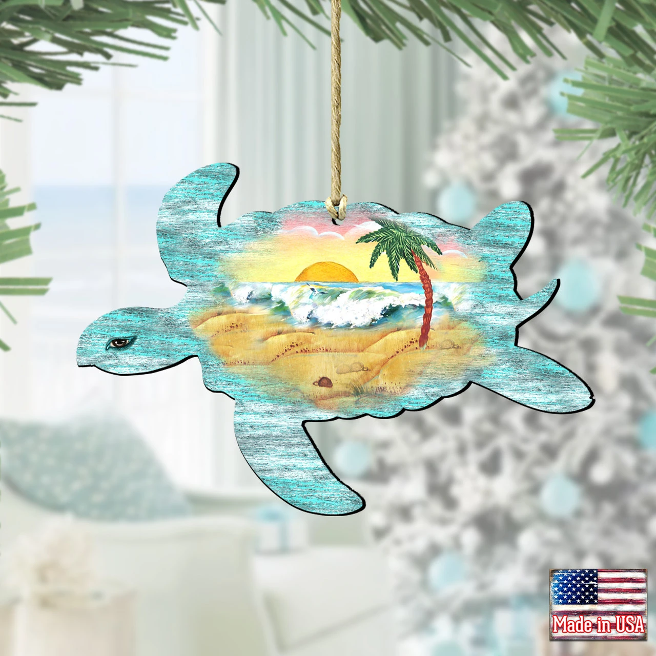 Set Of 2 Turtle Beach Scene Wooden Christmas Ornaments 5.5" 4 Set Of 2 Turtle Beach Scene Wooden Christmas Ornaments 5.5" - Image 2