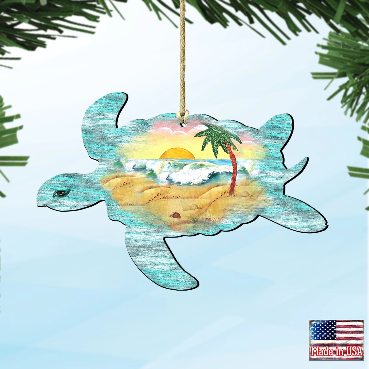 Set Of 2 Turtle Beach Scene Wooden Christmas Ornaments 5.5" 6 Set Of 2 Turtle Beach Scene Wooden Christmas Ornaments 5.5" - Image 4