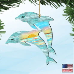 Set Of 2 Dolphins Beach Scene Wooden Christmas Ornaments 5.5" -Christmas Decoration Store 8198519 4 27996.1667549684