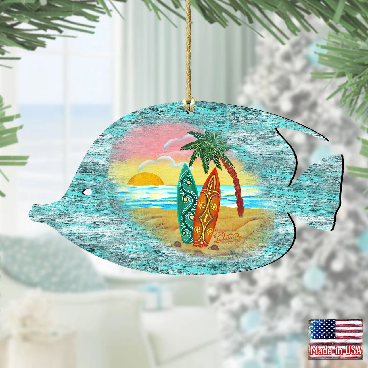 Set Of 2 Fish Beach Scene Wooden Christmas Ornaments 5.5" 4 Set Of 2 Fish Beach Scene Wooden Christmas Ornaments 5.5" - Image 2