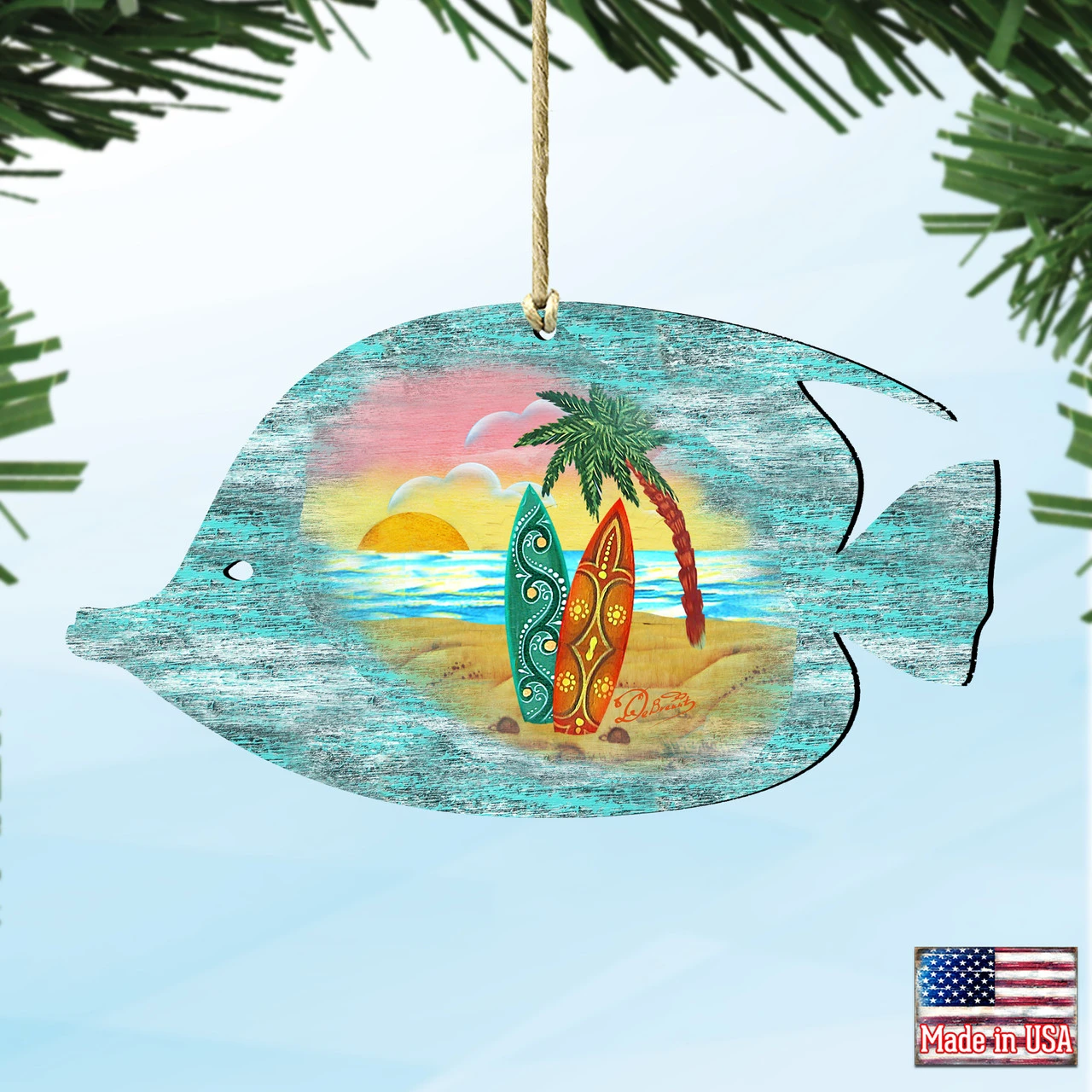 Set Of 2 Fish Beach Scene Wooden Christmas Ornaments 5.5" 6 Set Of 2 Fish Beach Scene Wooden Christmas Ornaments 5.5" - Image 4