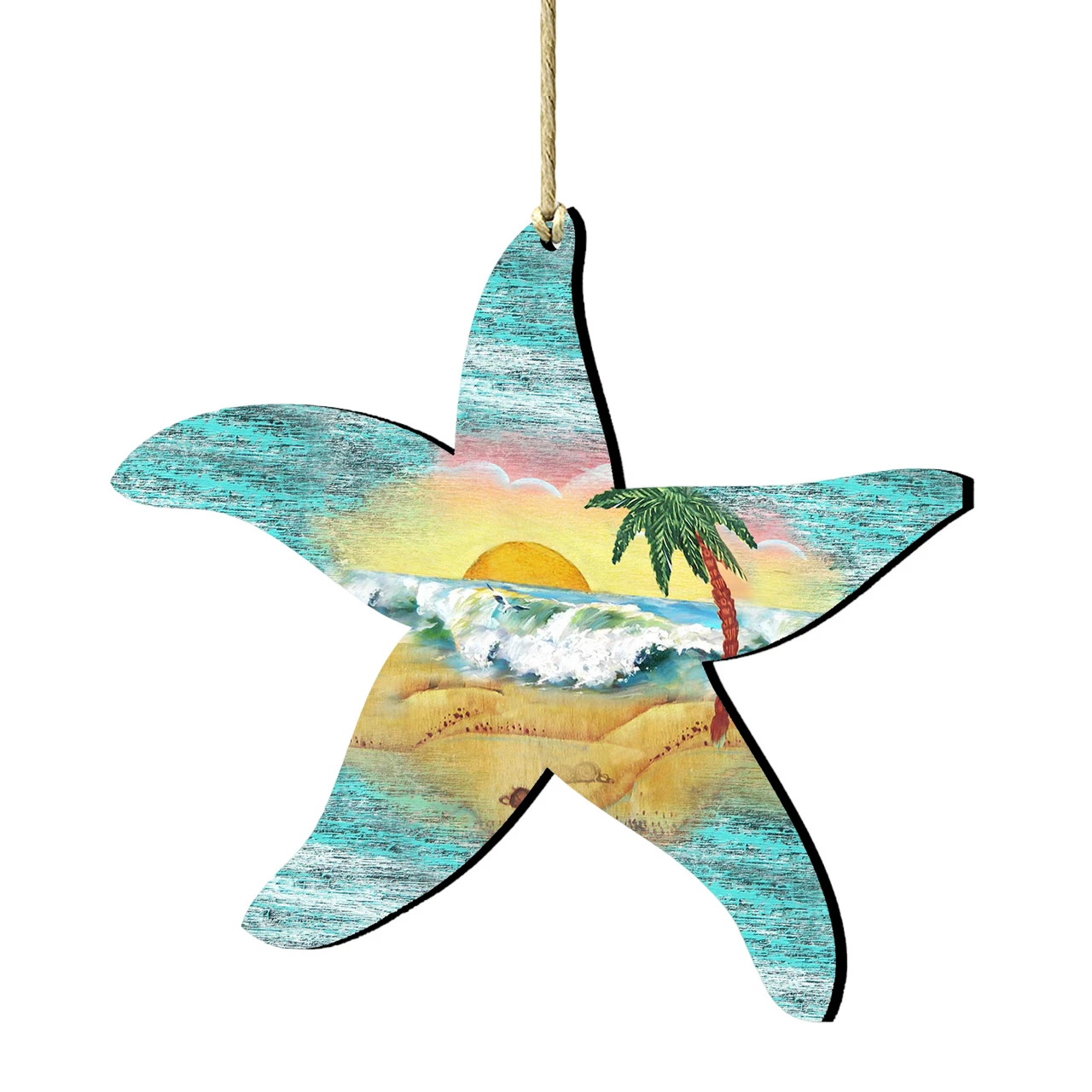 Set Of 2 Starfish Beach Scene Wooden Christmas Ornaments 5.5" 3 Set Of 2 Starfish Beach Scene Wooden Christmas Ornaments 5.5"