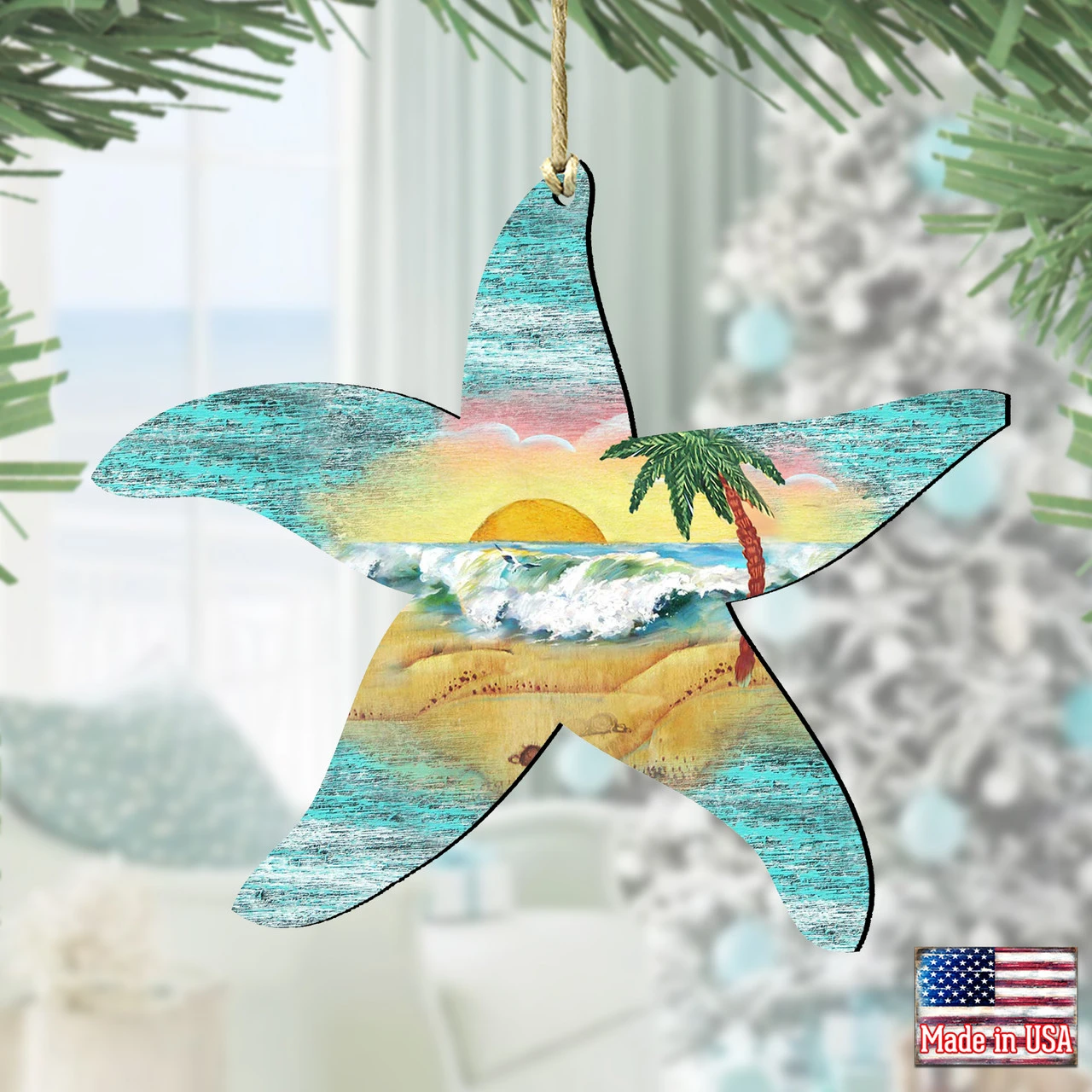 Set Of 2 Starfish Beach Scene Wooden Christmas Ornaments 5.5" 4 Set Of 2 Starfish Beach Scene Wooden Christmas Ornaments 5.5" - Image 2