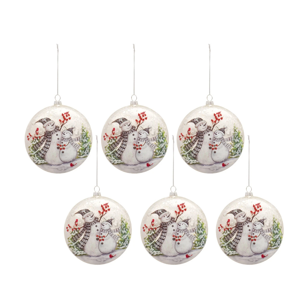 Set Of 6 Snowmen Berries And Cardinals Glass Christmas Ball Ornaments 5.5" 3 Set Of 6 Snowmen Berries And Cardinals Glass Christmas Ball Ornaments 5.5"