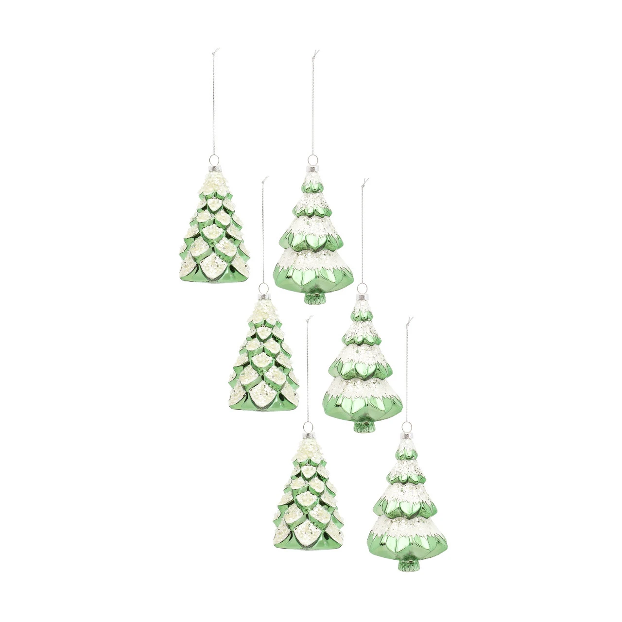 Set Of 6 Green And White Glass Christmas Tree Ornaments 5.75" 3 Set Of 6 Green And White Glass Christmas Tree Ornaments 5.75"