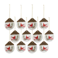 Set Of 12 White And Brown Cardinal Pine "Joy" And "Peace" Christmas Ornament 4.50"