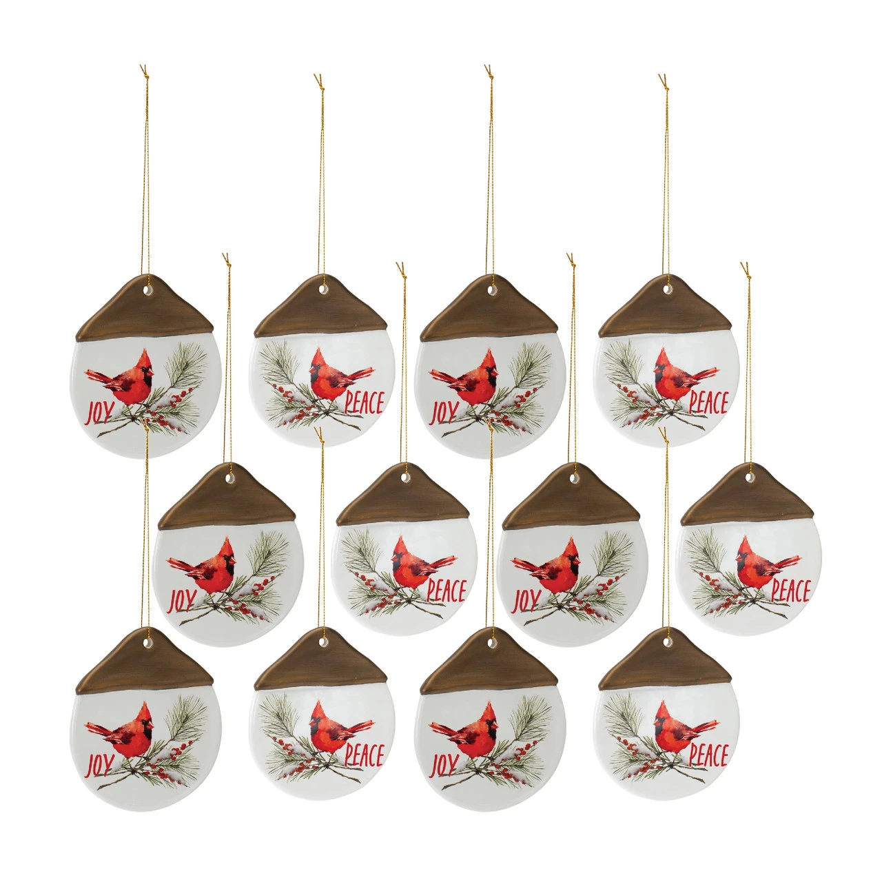 Set Of 12 White And Brown Cardinal Pine "Joy" And "Peace" Christmas Ornament 4.50" 3 Set Of 12 White And Brown Cardinal Pine "Joy" And "Peace" Christmas Ornament 4.50"