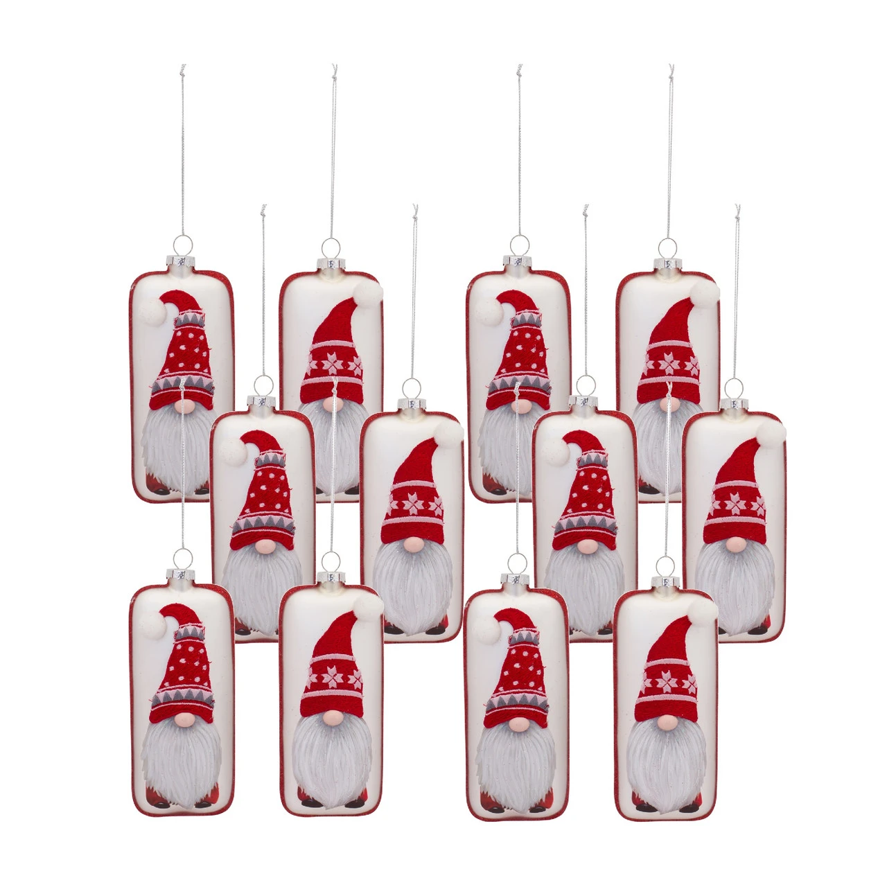 Set Of 12 Red And White Glass Gnome Christmas Ornament 6.25" 3 Set Of 12 Red And White Glass Gnome Christmas Ornament 6.25"