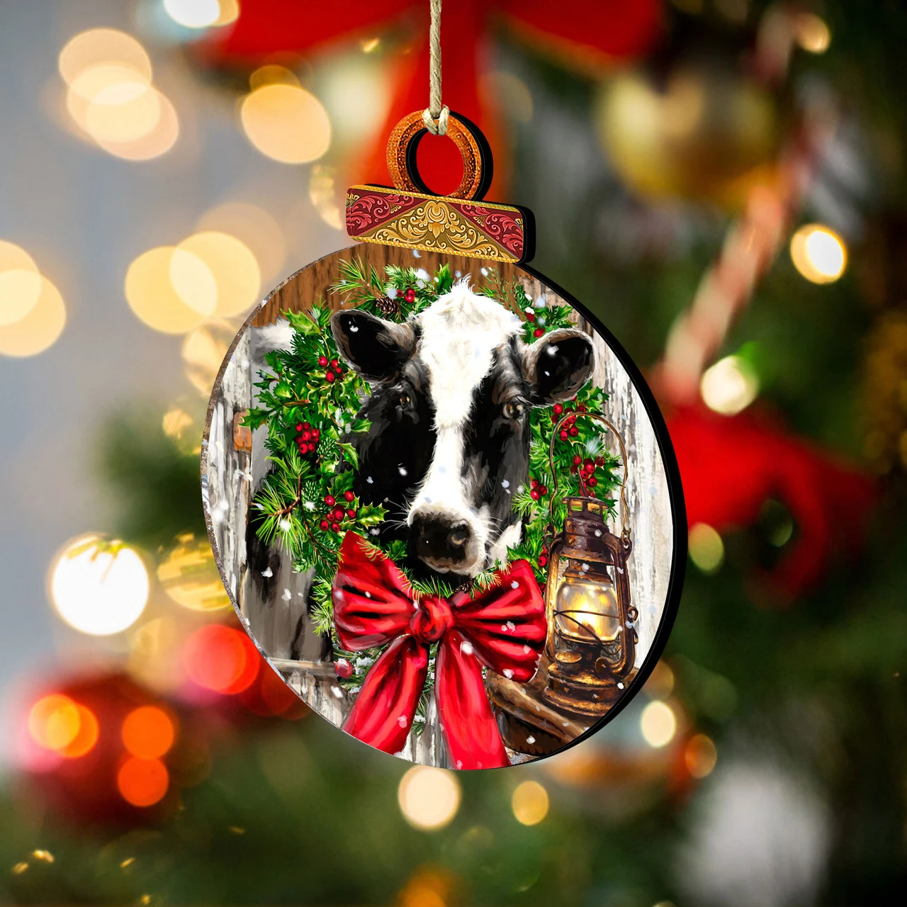 Set Of 2 Farm Cow Wreath Wooden Christmas Ornaments 5.5" 4 Set Of 2 Farm Cow Wreath Wooden Christmas Ornaments 5.5" - Image 2