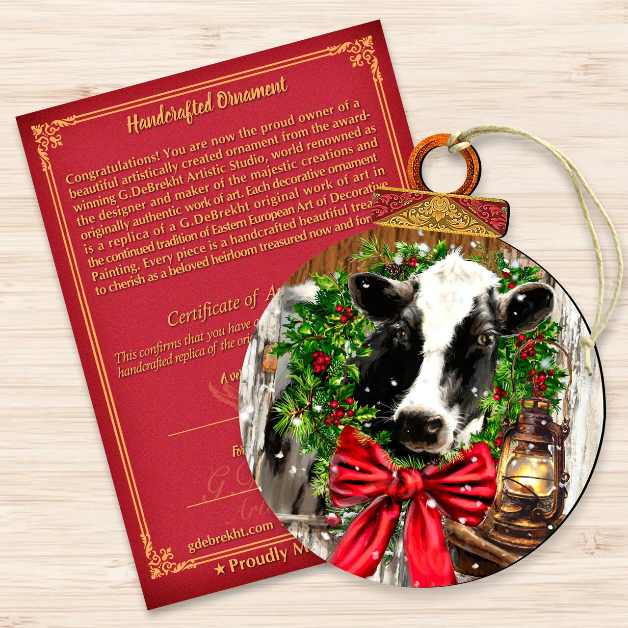 Set Of 2 Farm Cow Wreath Wooden Christmas Ornaments 5.5" 5 Set Of 2 Farm Cow Wreath Wooden Christmas Ornaments 5.5" - Image 3