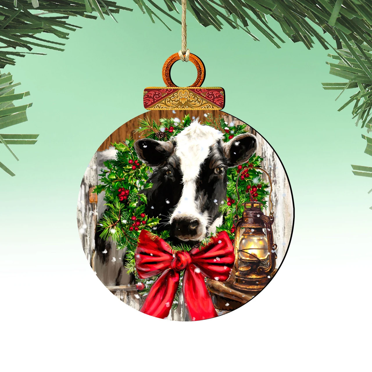 Set Of 2 Farm Cow Wreath Wooden Christmas Ornaments 5.5" 6 Set Of 2 Farm Cow Wreath Wooden Christmas Ornaments 5.5" - Image 4