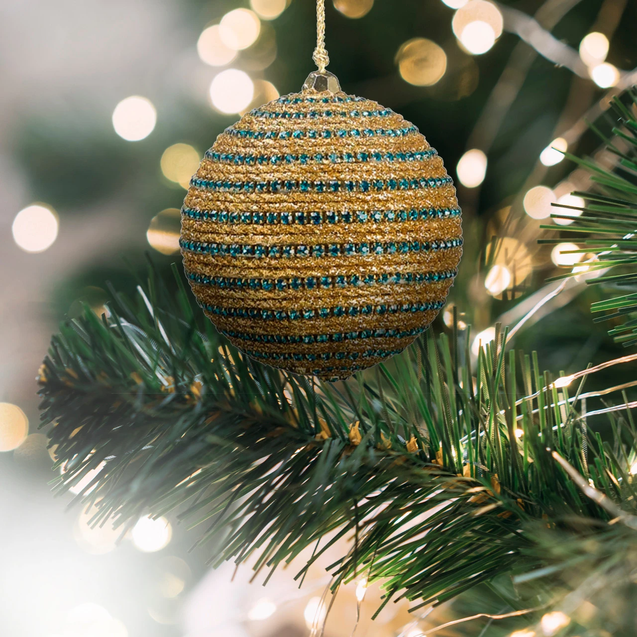 3" Regal Peacock Glittered Gold And Turquoise Blue Peacock Striped Christmas Ball Ornament 4 3" Regal Peacock Glittered Gold And Turquoise Blue Peacock Striped Christmas Ball Ornament - Image 2