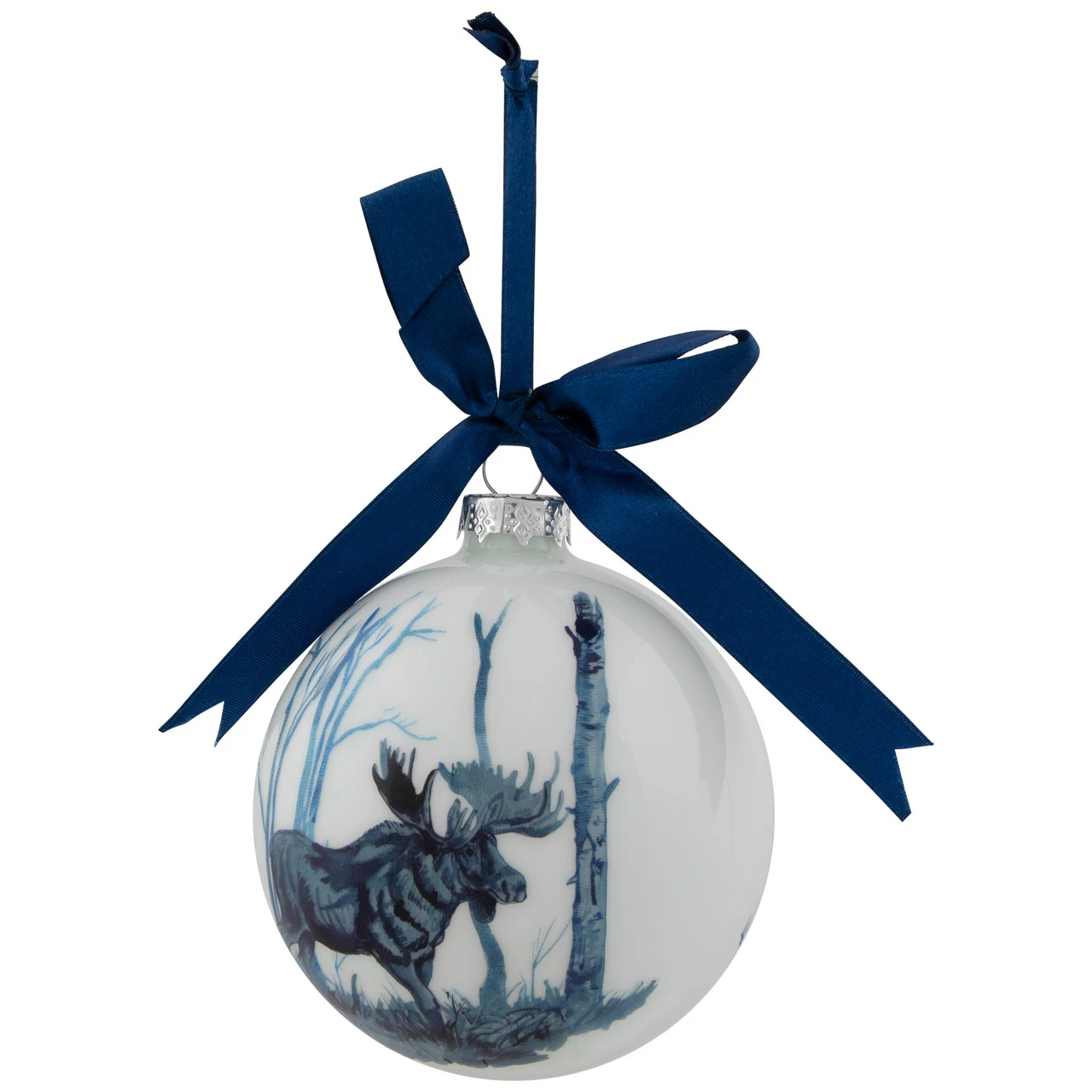 4" White And Blue Moose Glass Christmas Ball Ornament 5 4" White And Blue Moose Glass Christmas Ball Ornament - Image 3
