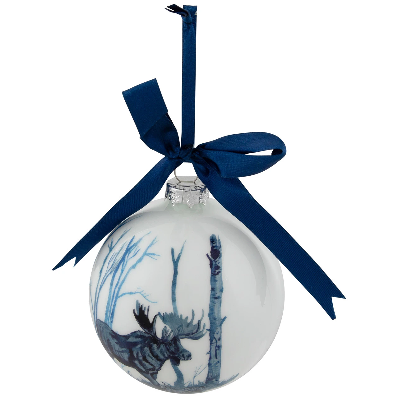 4" White And Blue Moose Glass Christmas Ball Ornament 4 4" White And Blue Moose Glass Christmas Ball Ornament - Image 2