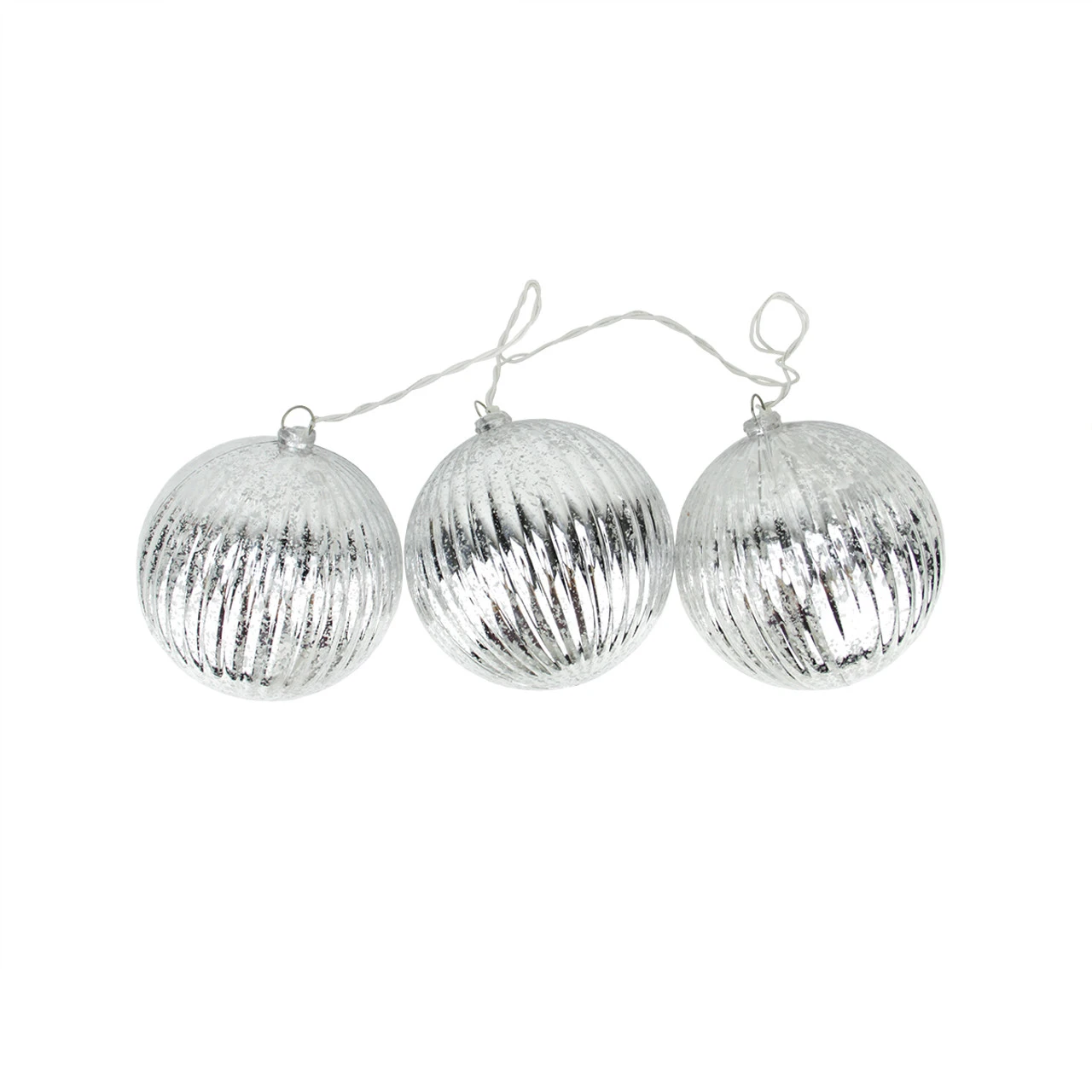 Set Of 3 Lighted Silver Mercury Glass Finish Ribbed Ball Christmas Ornaments - Clear Lights 4 Set Of 3 Lighted Silver Mercury Glass Finish Ribbed Ball Christmas Ornaments - Clear Lights - Image 2