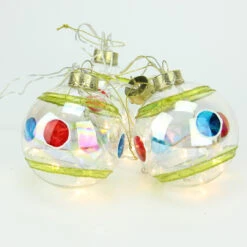 Set Of 4 Clear Battery Operated LED Lighted Stripe And Dot Lass Christmas Ball Ornaments 3.25" (80mm)