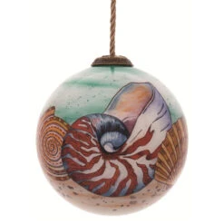 3” Green And Beige Sandy Beach Shell Hand Painted Mouth Blown Glass Hanging Christmas Ornament