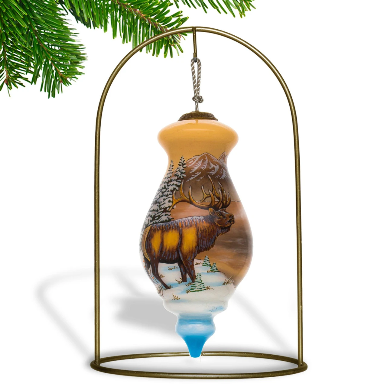 6” Brown And White Elk By Cabin Hand Painted Mouth Blown Glass Hanging Christmas Ornament 5 6” Brown And White Elk By Cabin Hand Painted Mouth Blown Glass Hanging Christmas Ornament - Image 3