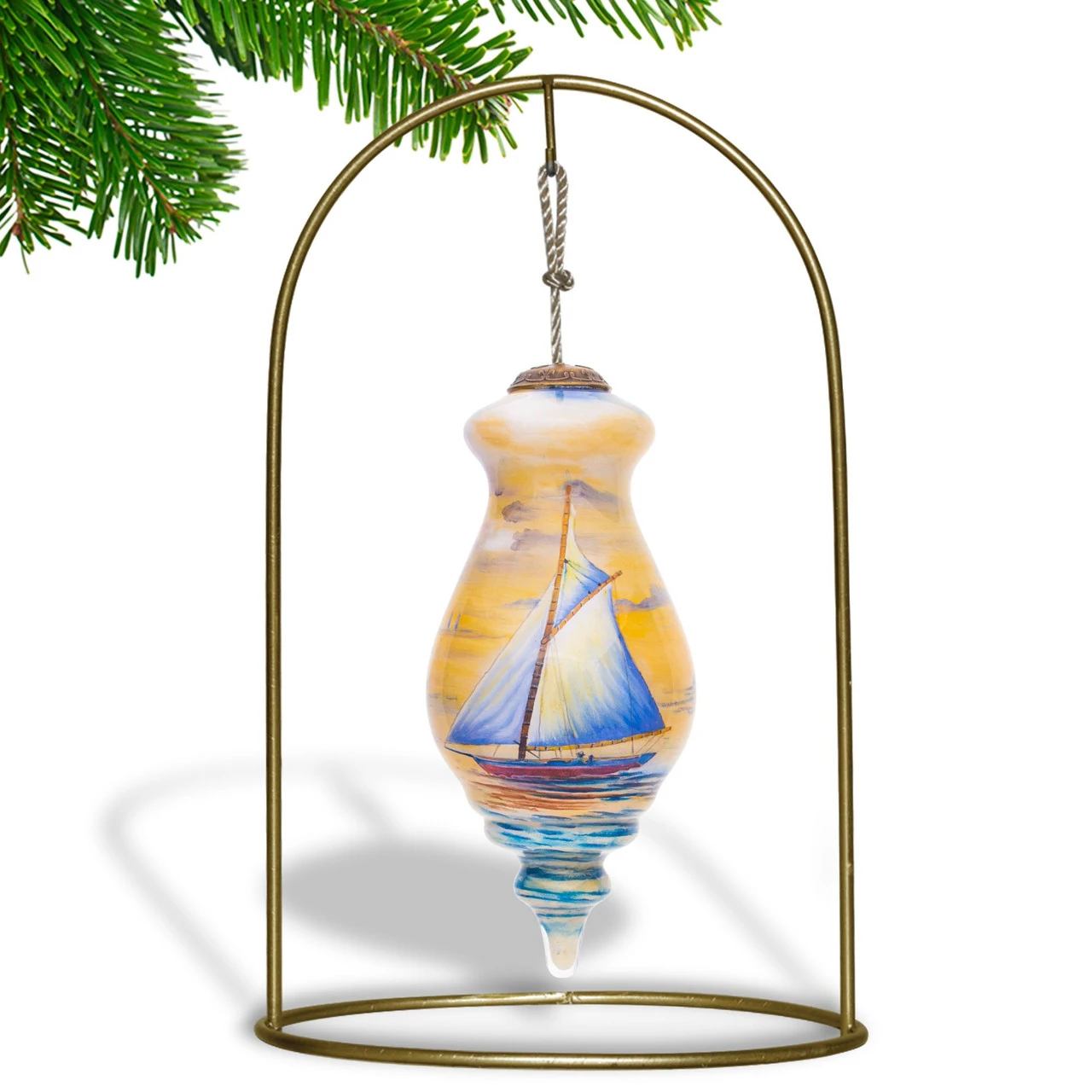 5” Blue And Yellow Sailing Boat Hand Painted Spire Shaped Mouth Blown Glass Hanging Christmas Ornament 5 5” Blue And Yellow Sailing Boat Hand Painted Spire Shaped Mouth Blown Glass Hanging Christmas Ornament - Image 3