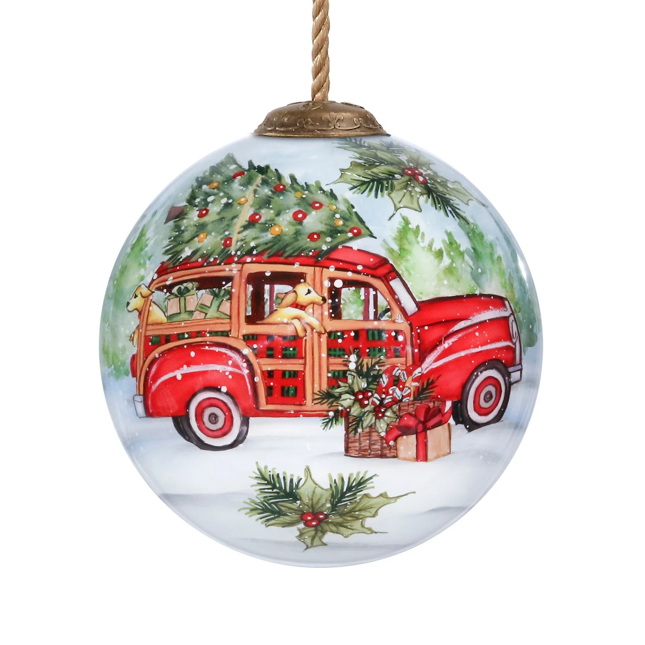 3" White And Green Holiday Wagon Hand Painted Round Glass Hanging Christmas Ornament 3 3" White And Green Holiday Wagon Hand Painted Round Glass Hanging Christmas Ornament