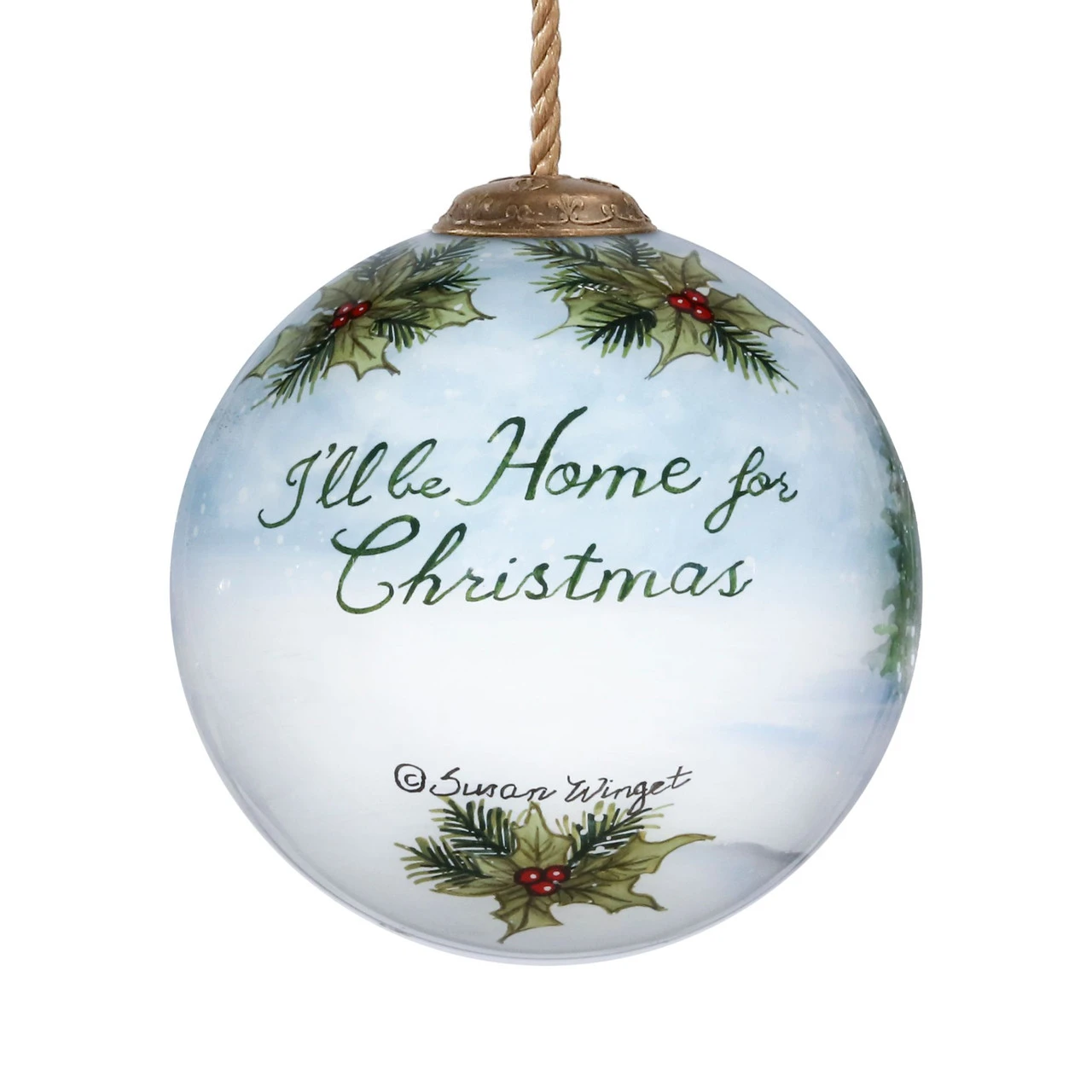 3" White And Green Holiday Wagon Hand Painted Round Glass Hanging Christmas Ornament 4 3" White And Green Holiday Wagon Hand Painted Round Glass Hanging Christmas Ornament - Image 2