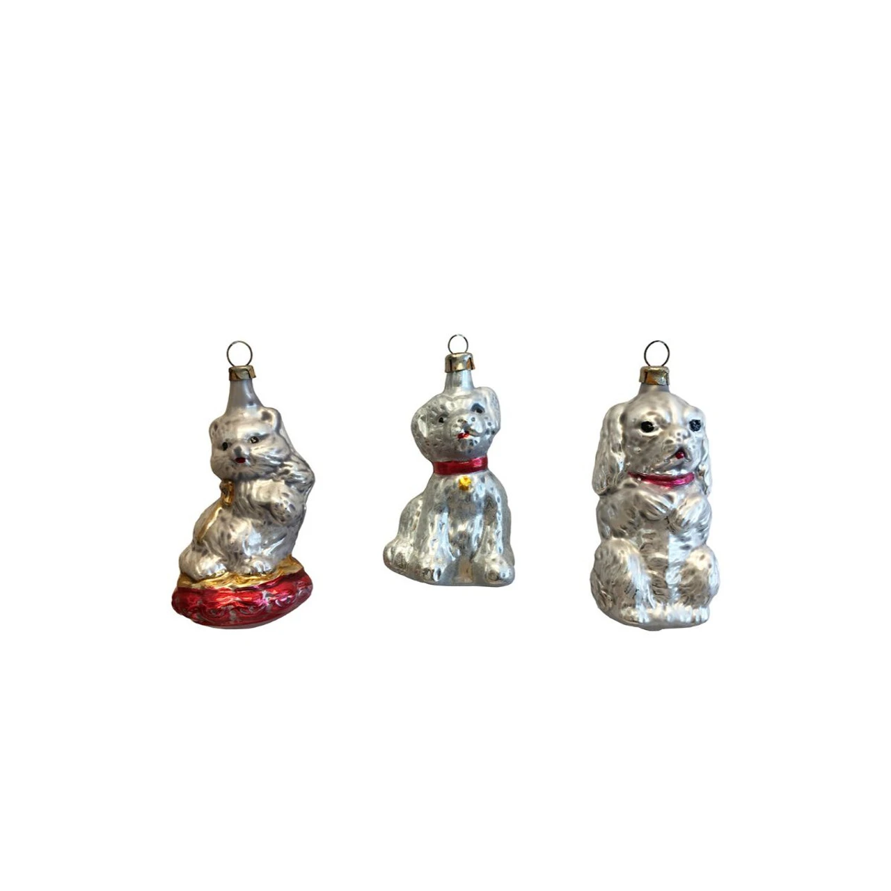 Set Of 3 Silver, Red, And Gold Handcrafted Assorted Glass Pets Nostalgie Ornaments, 4" 3 Set Of 3 Silver, Red, And Gold Handcrafted Assorted Glass Pets Nostalgie Ornaments, 4"
