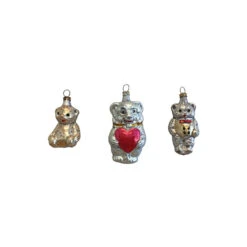 Set Of 3 Silver, Red, And Gold Handcrafted Assorted Glass Bears Nostalgie Ornaments, 2.75"