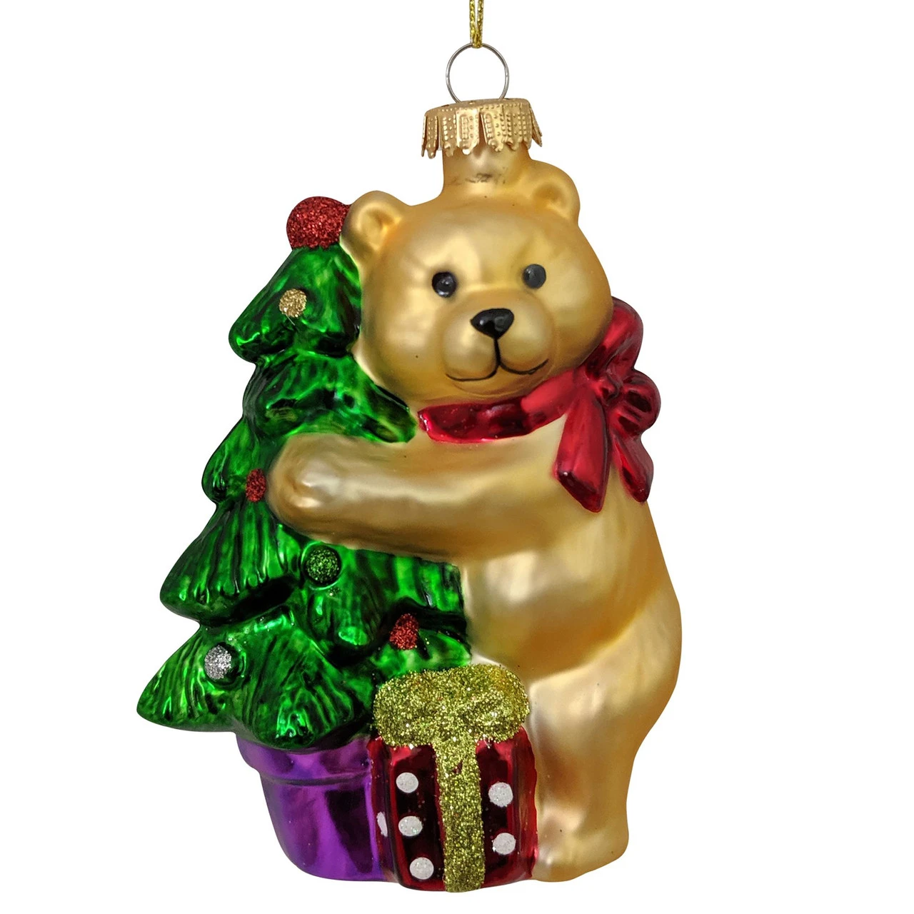 4" Gold And Green Bear With Gift Box Figurine Christmas Ornament 3 4" Gold And Green Bear With Gift Box Figurine Christmas Ornament