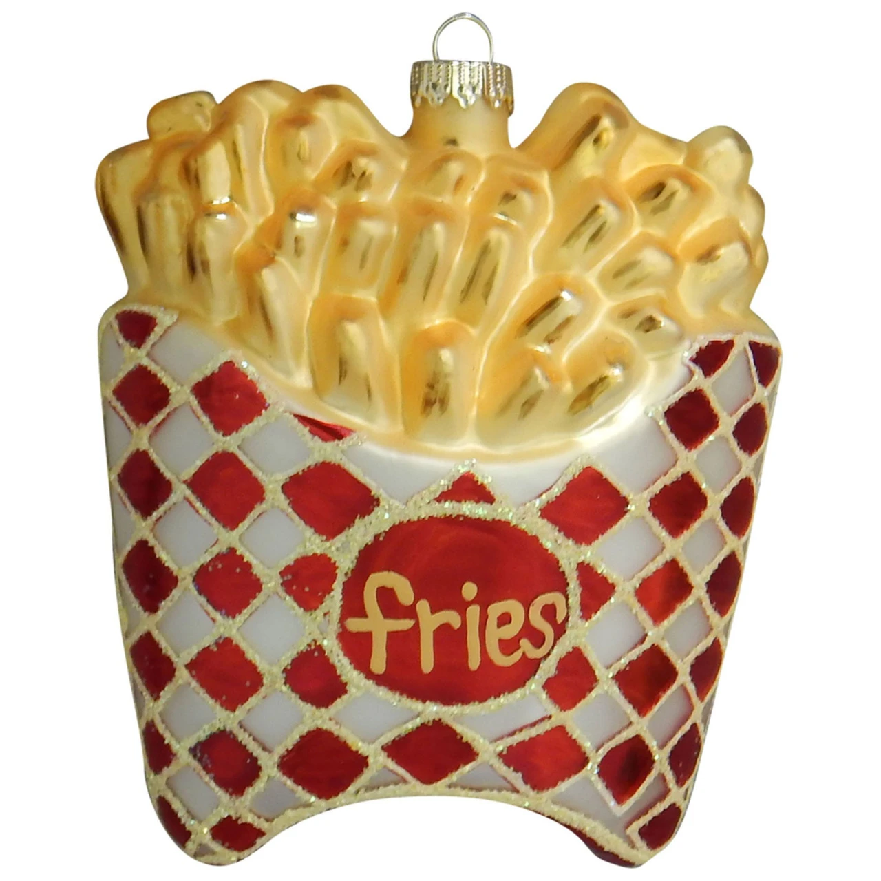 4" White And Red French Fries Glass Christmas Ornament 3 4" White And Red French Fries Glass Christmas Ornament