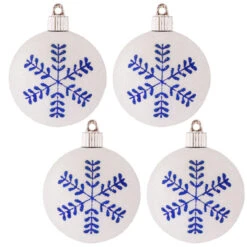 4ct Blue And White Leafy Flake Shatterproof Christmas Ball Ornament 3" (80mm)