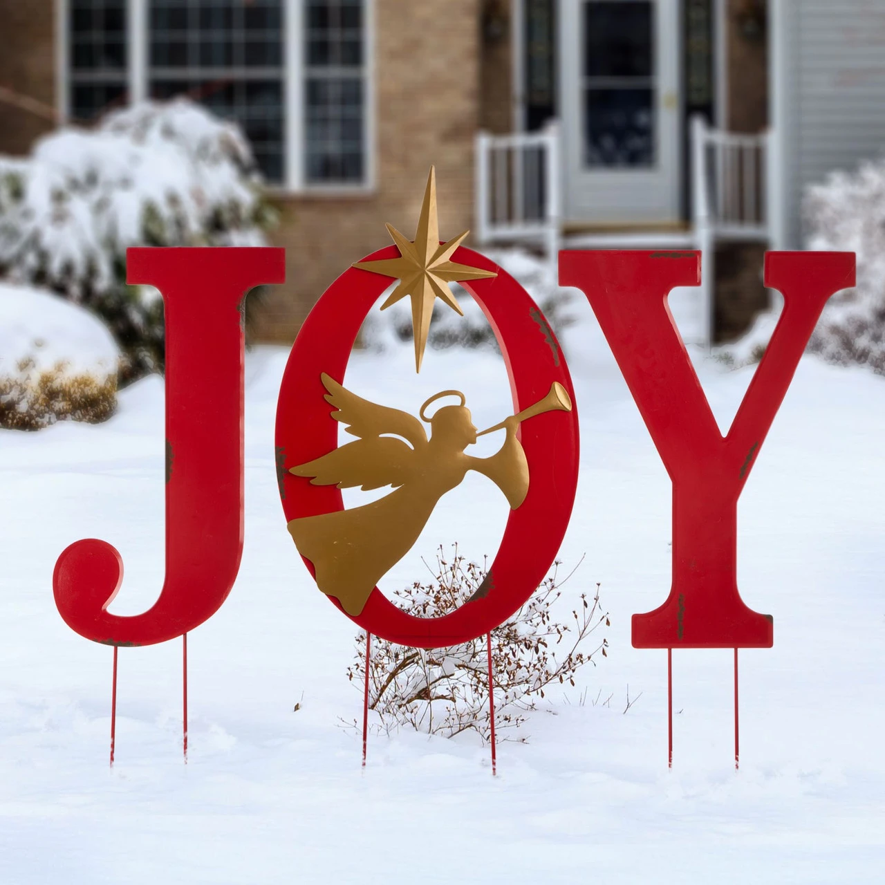 3' Red And Gold Metal Christmas JOY Angel Yard Stake, Wall Decor, Or Standing Decor 4 3' Red And Gold Metal Christmas JOY Angel Yard Stake, Wall Decor, Or Standing Decor - Image 2