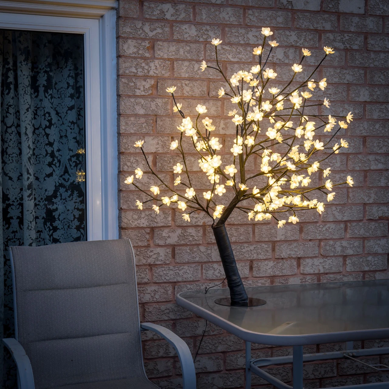 47.25" White And Black Outdoor Cherry Blossom Tree With Floral Lights 7 47.25" White And Black Outdoor Cherry Blossom Tree With Floral Lights - Image 5